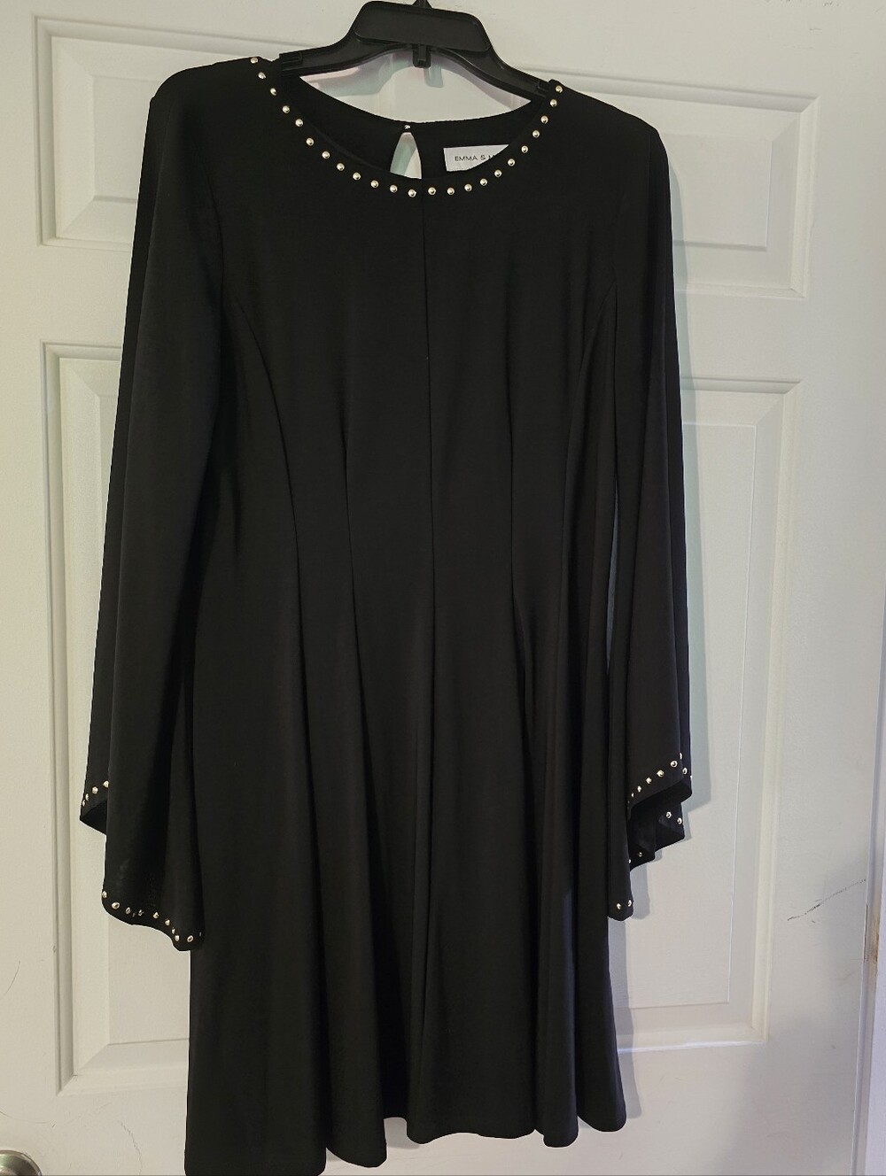 Emma And Michelle Elegant Black Stud-Trim A-Line Dress Over Sized Trumpet Sleeve